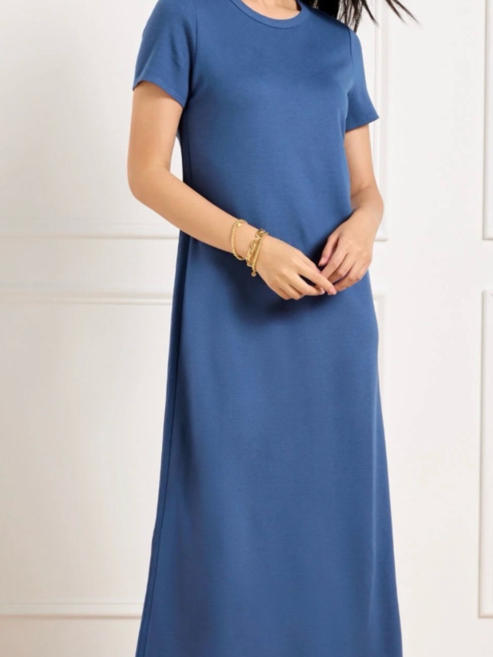 Talbots Effortless UltraKnit Short Sleeve Crew Neck Maxi Dress Blue Slit Large